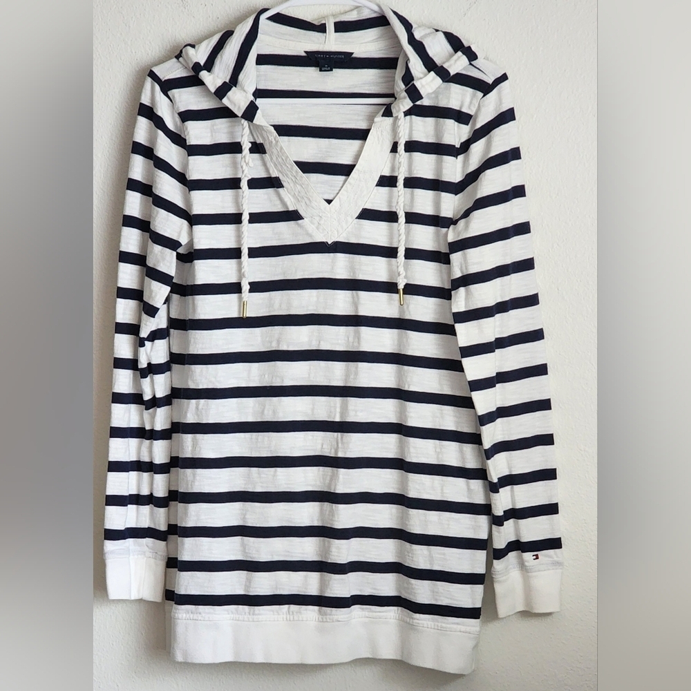 Tommy Hilfiger Women's Long Sleeve Blue Striped Drawstring Hoodie Sz M